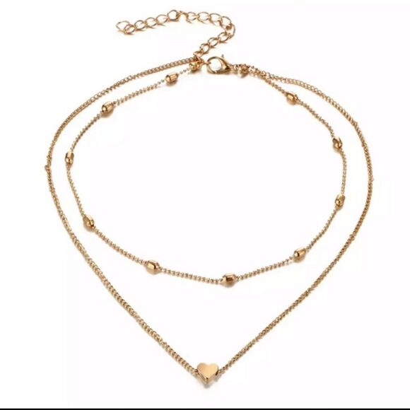 GOLD Heart Multi Layered Chain Charm Pendant Choker Necklace - Picture 2 of 3
